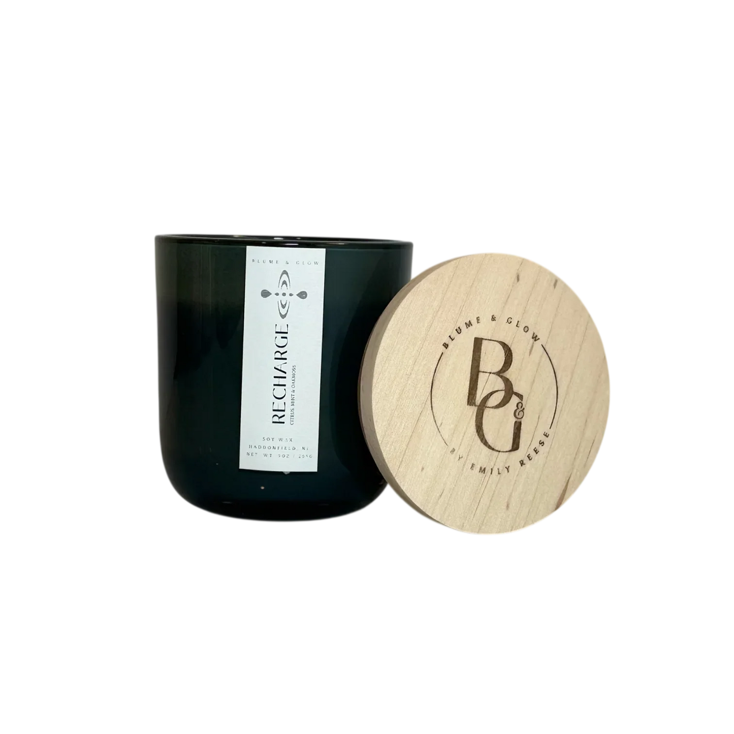 Recharge wickless candle by Blume & Glow with citrus bergamot and mint scent, 100% soy wax, safe for dorms and offices