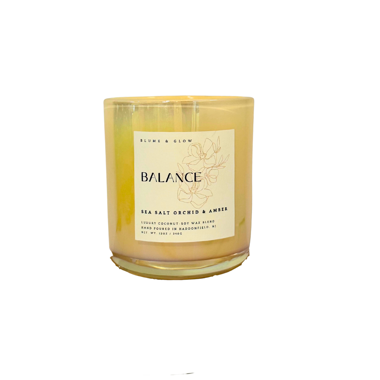 Blume & Glow Balance candle with wooden wick in iridescent cream jar