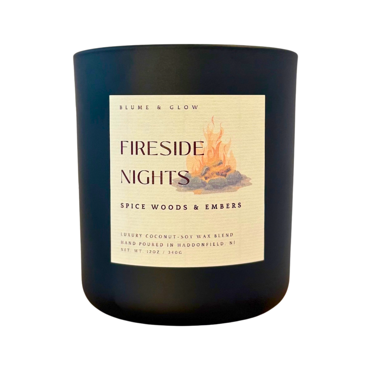 Blume & Glow Fireside Nights candle with wooden wick in black jar