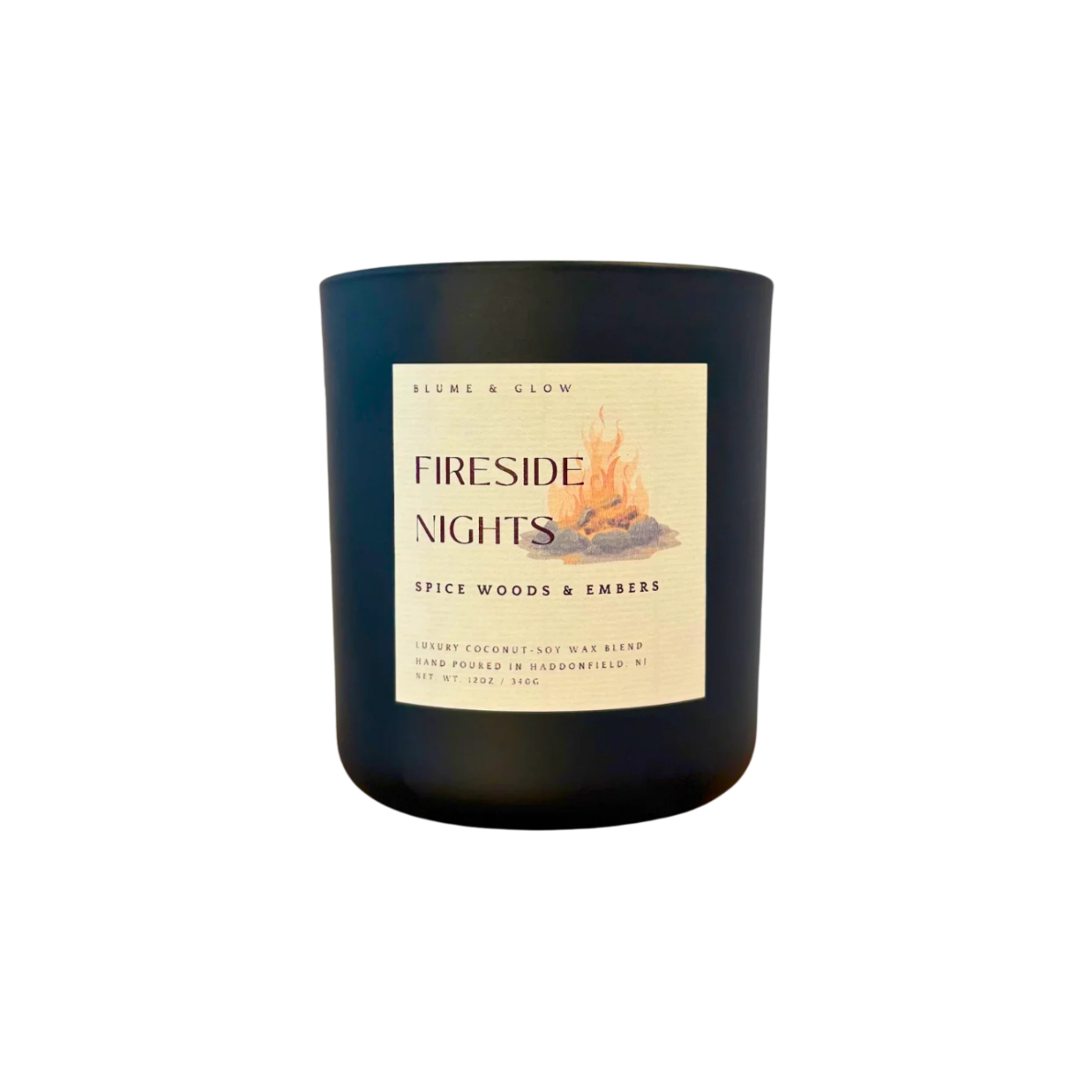 Fireside Nights smoky wood amber and spice candle by Blume & Glow with wooden wick in a black jar