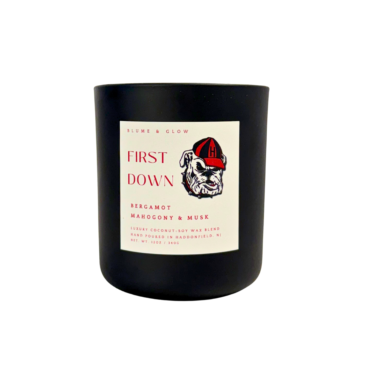 Blume & Glow Haddonfield Football candle with wooden wick in black jar