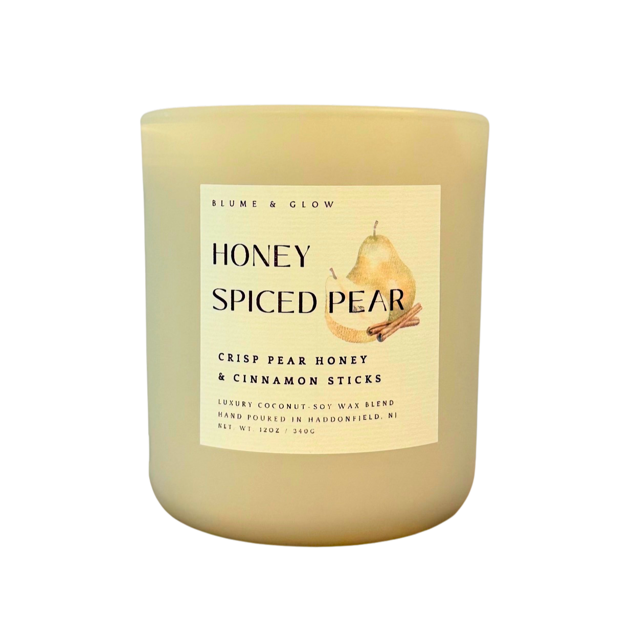 Blume & Glow Honey Spiced Pear candle with wooden wick in cream jar