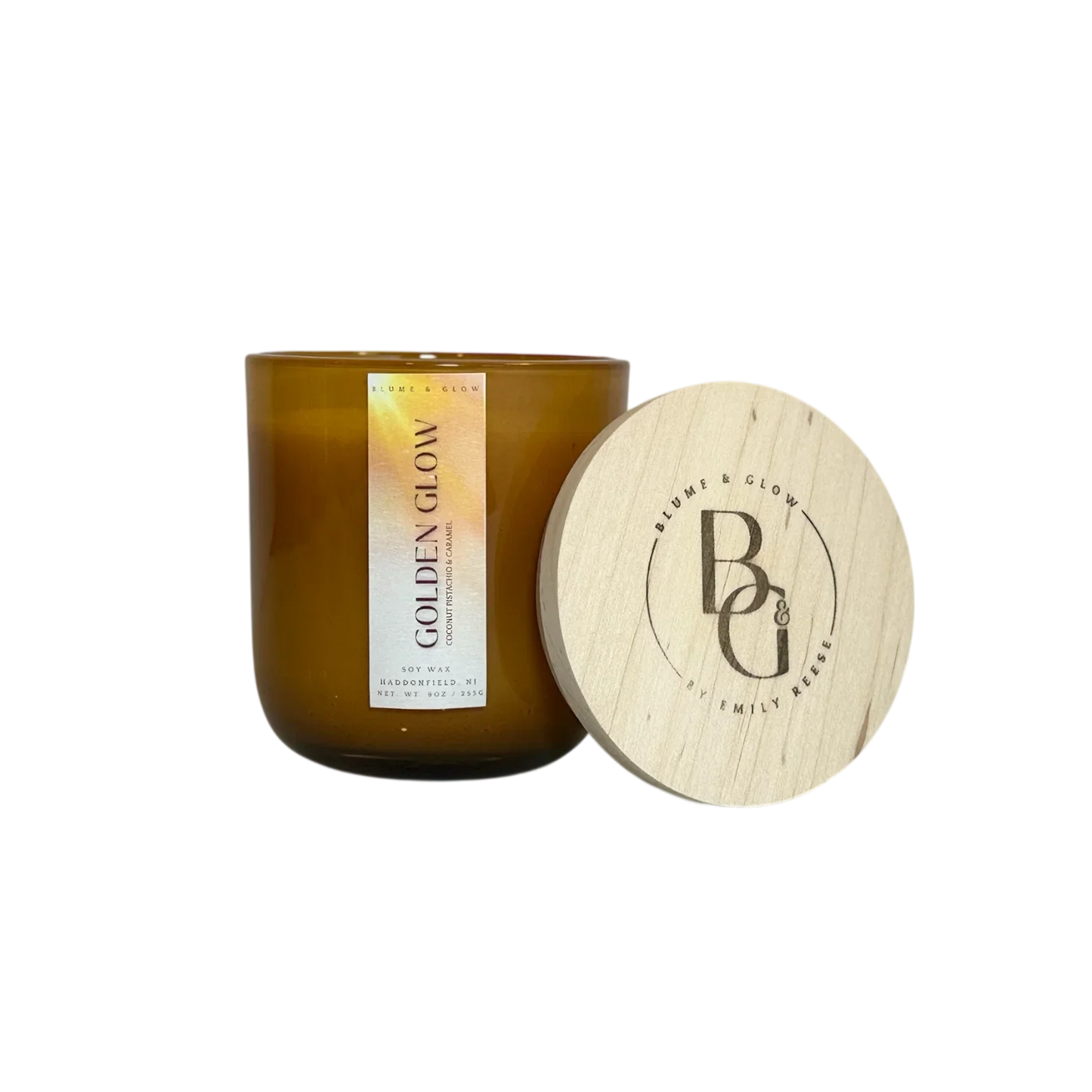 Golden Glow wickless candle by Blume & Glow with pistachio caramel and vanilla scent, 100% soy wax, flame-free