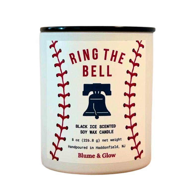 Blume & Glow Ring the Bell Phillies candle with cotton wick in white jar