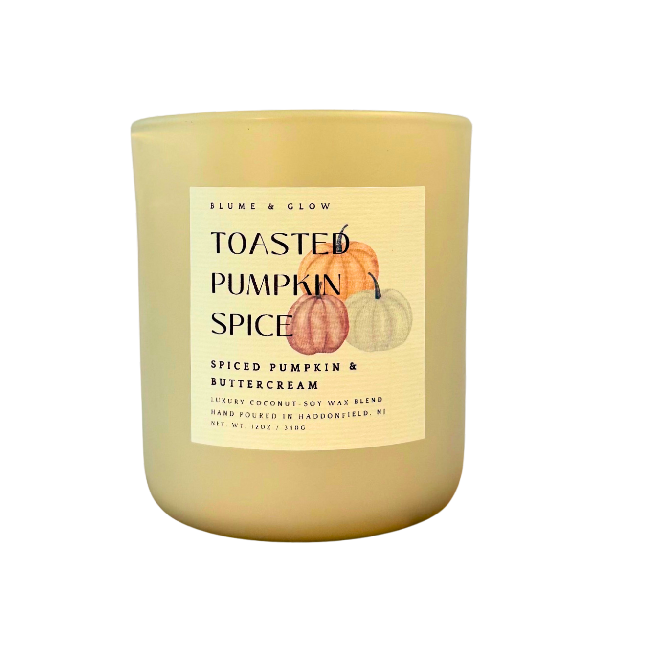 Blume & Glow Toasted Pumpkin Spice candle with wooden wick in cream jar