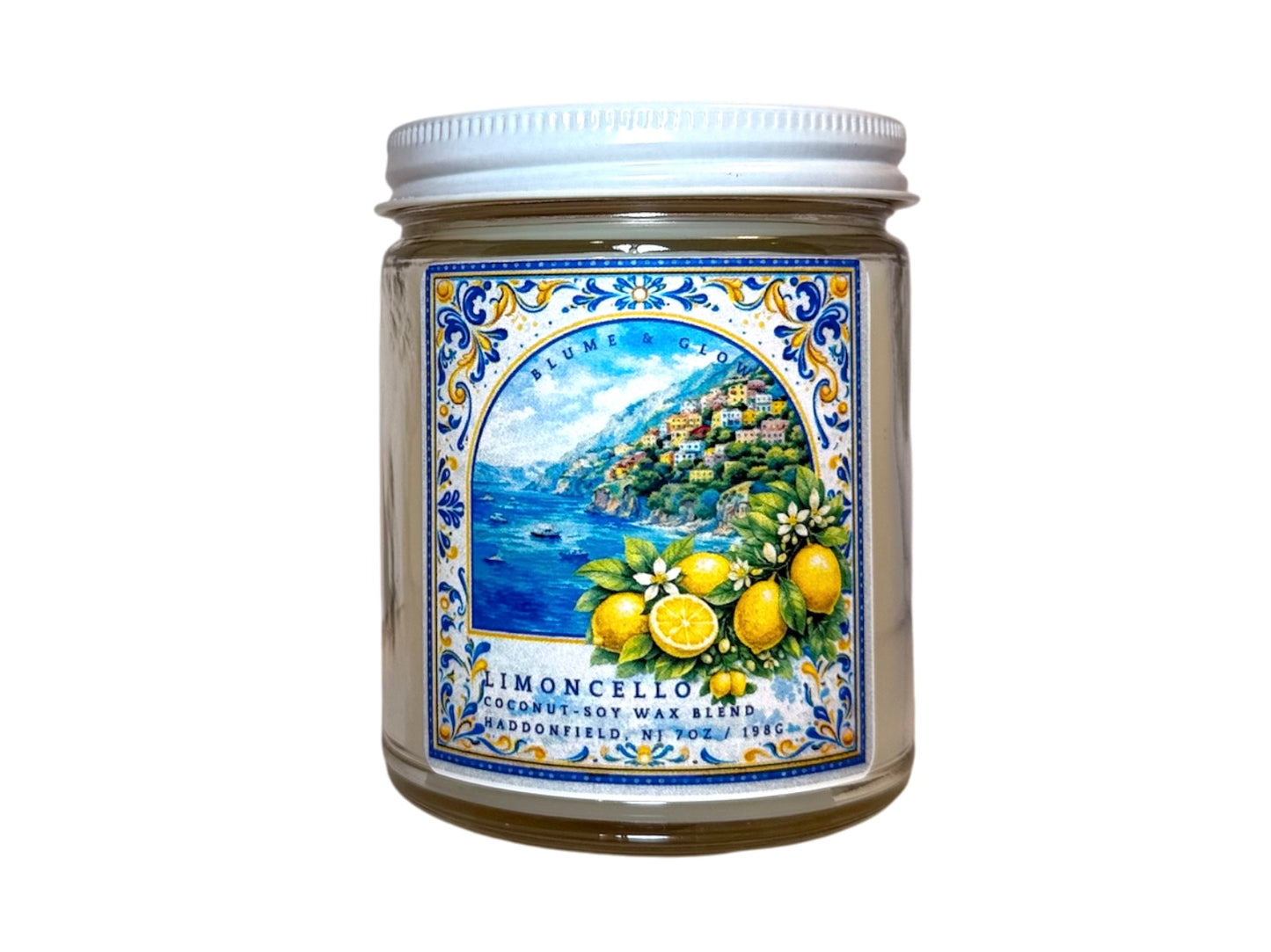 Limoncello candle by Blume & Glow with bright lemon citrus scent, cotton wick, and luxury coconut-soy wax in a 7 oz jar