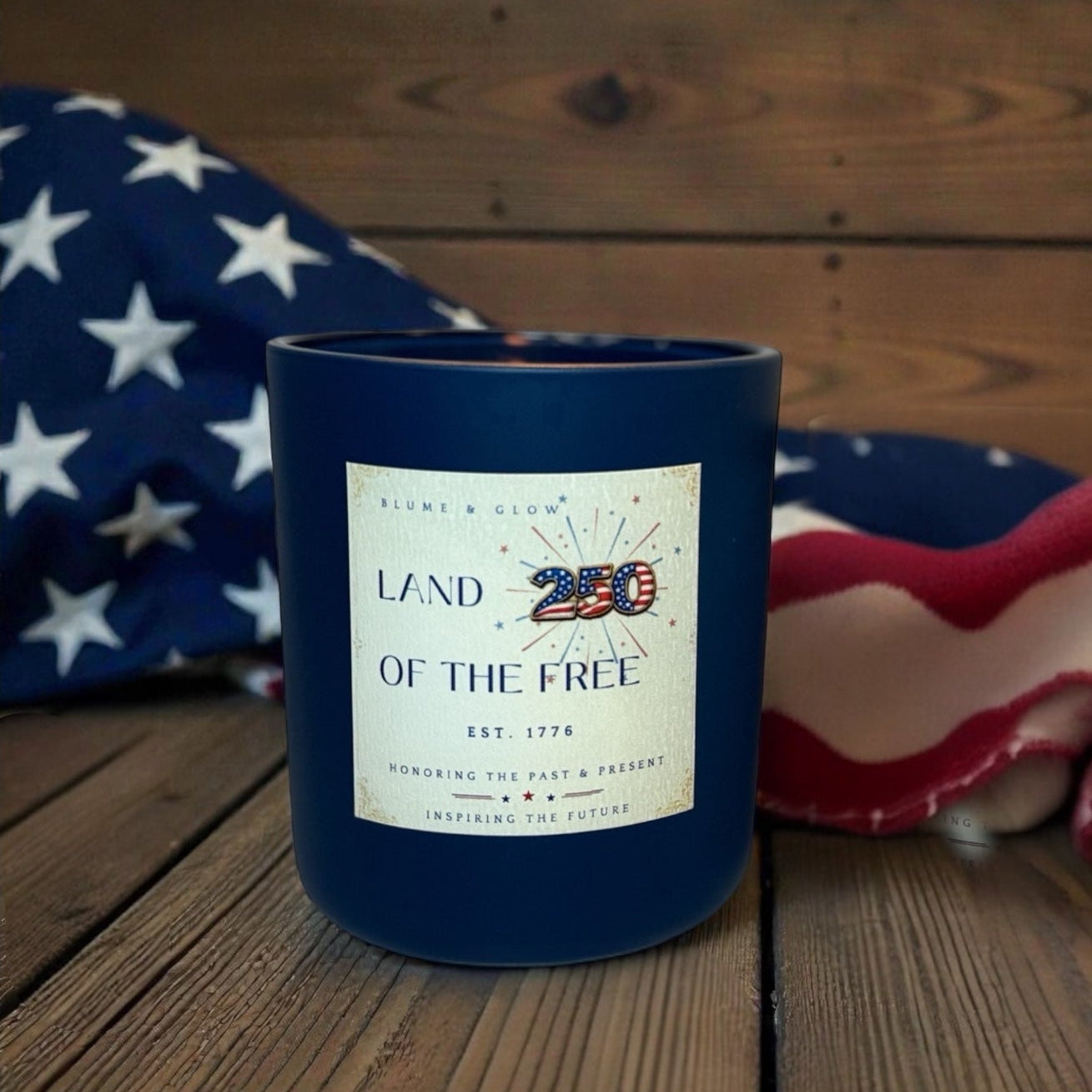 America 250 commemorative candle label detail by Blume & Glow featuring smoky sandalwood fragrance and patriotic design