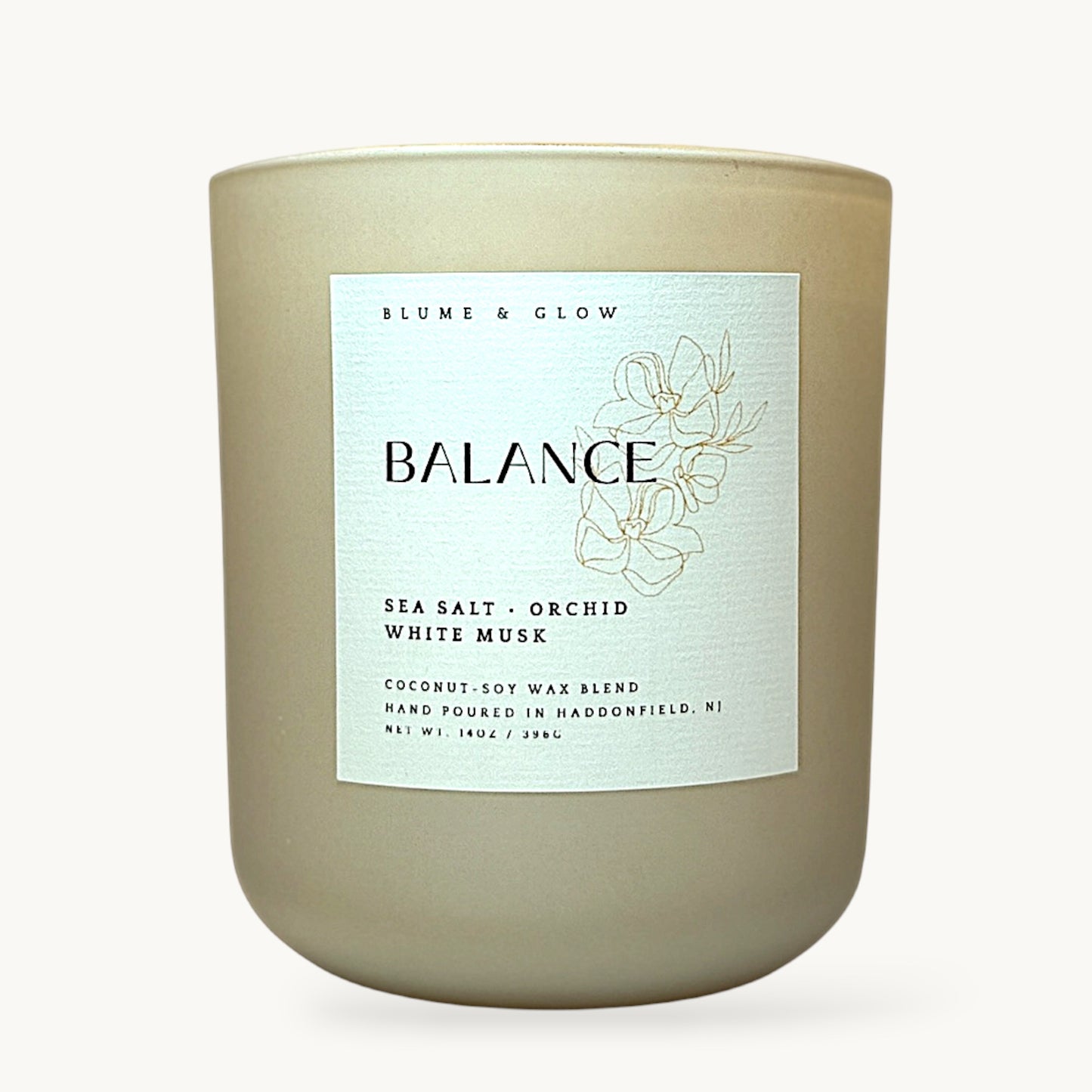Balance sea salt orchid musk candle by Blume & Glow with wooden wick in cream jar
