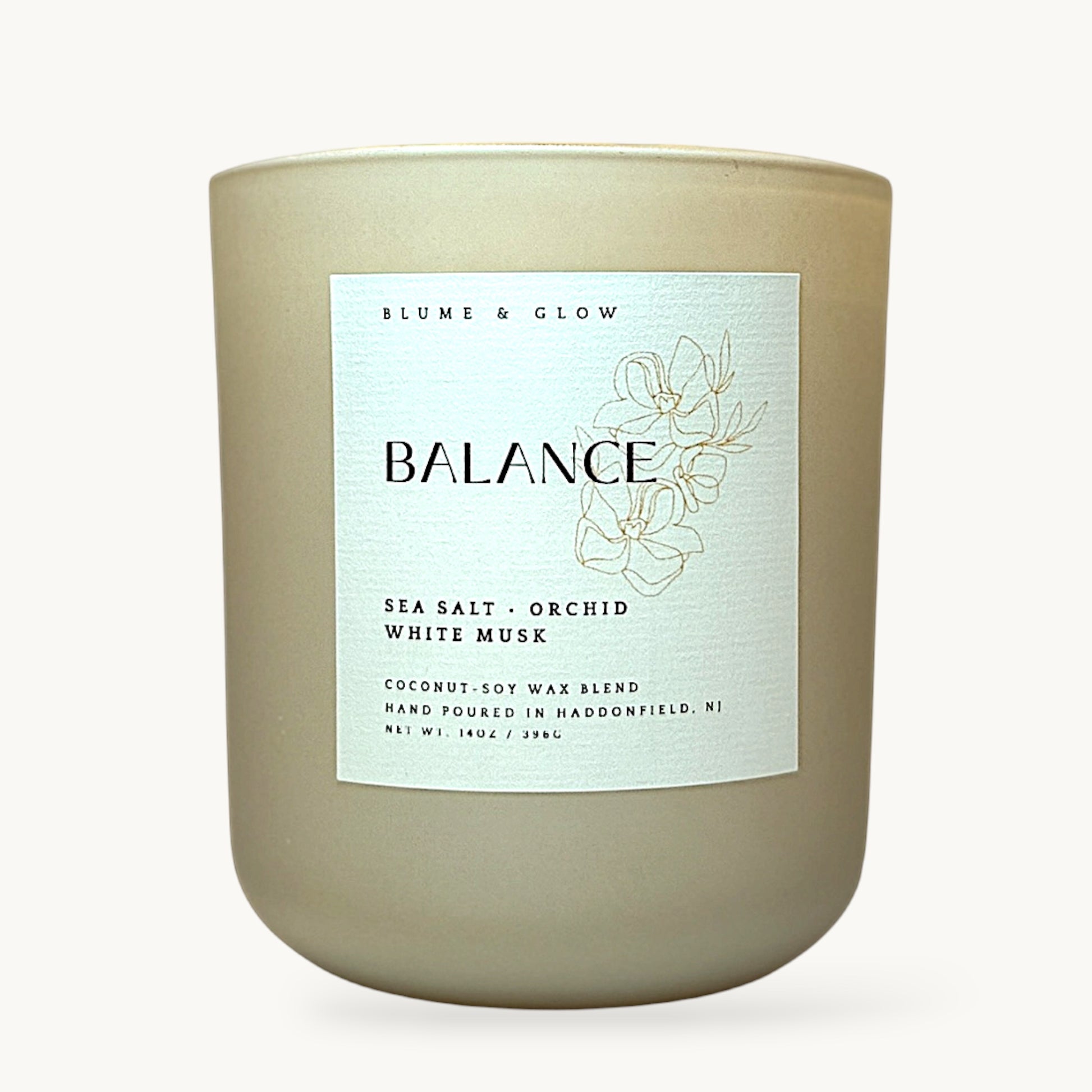 Balance sea salt orchid musk candle by Blume & Glow with wooden wick in cream jar