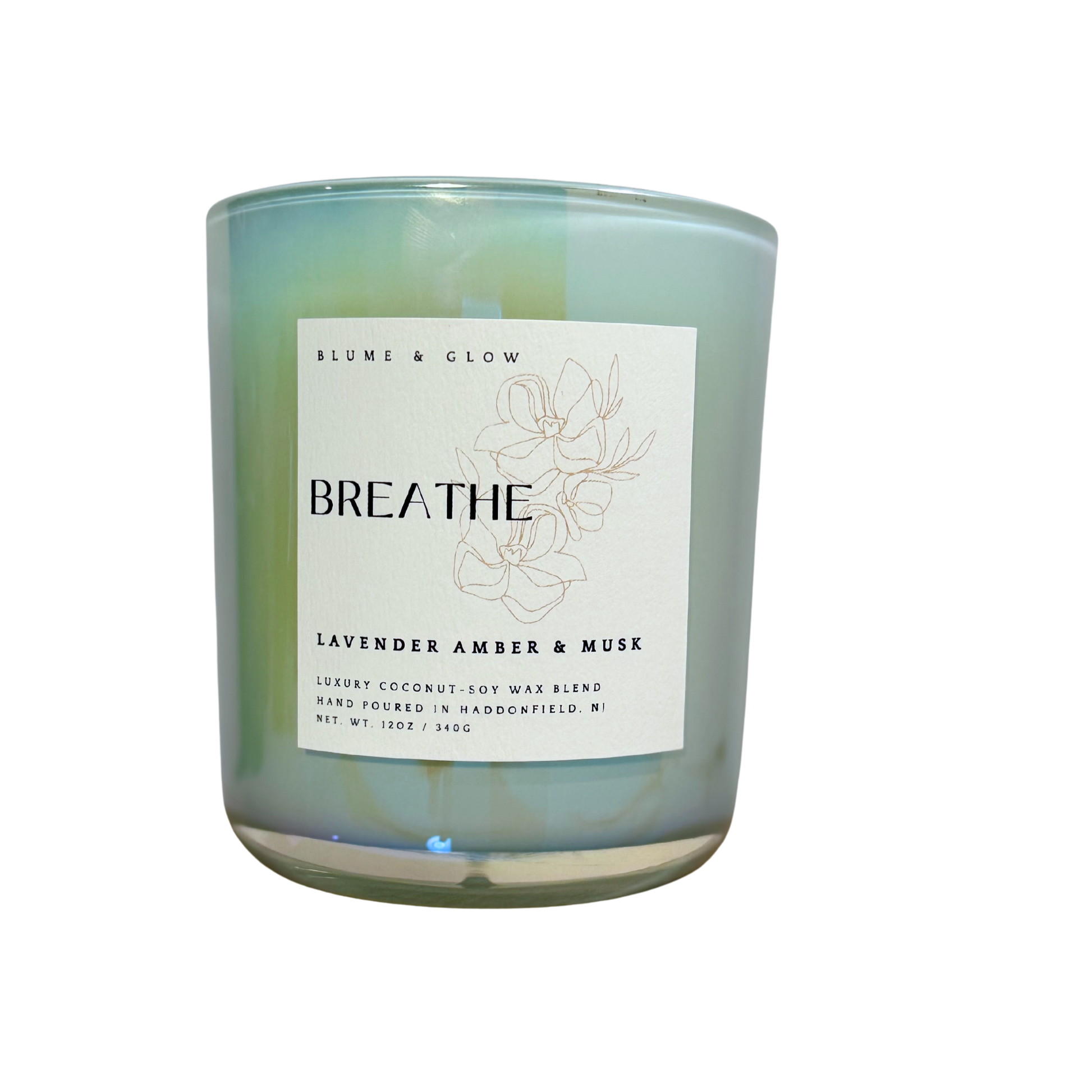 Blume & Glow Breathe candle with wooden wick in iredescent blue jar