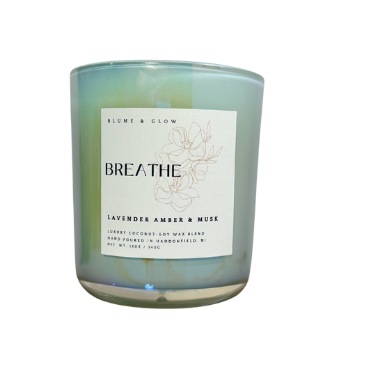 Blume & Glow Breathe candle with wooden wick in iredescent blue jar