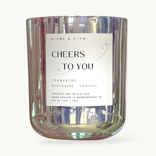 Cheers to You sparkling champagne citrus candle by Blume & Glow with wooden wick, perfect celebration and gift candle