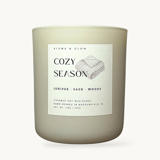 Cozy Season autumn leaves and eucalyptus candle by Blume & Glow with wooden wick in a cream jar