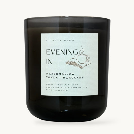 Evening In marshmallow vanilla and mahogany candle by Blume & Glow with wooden wick and coconut-soy wax blend