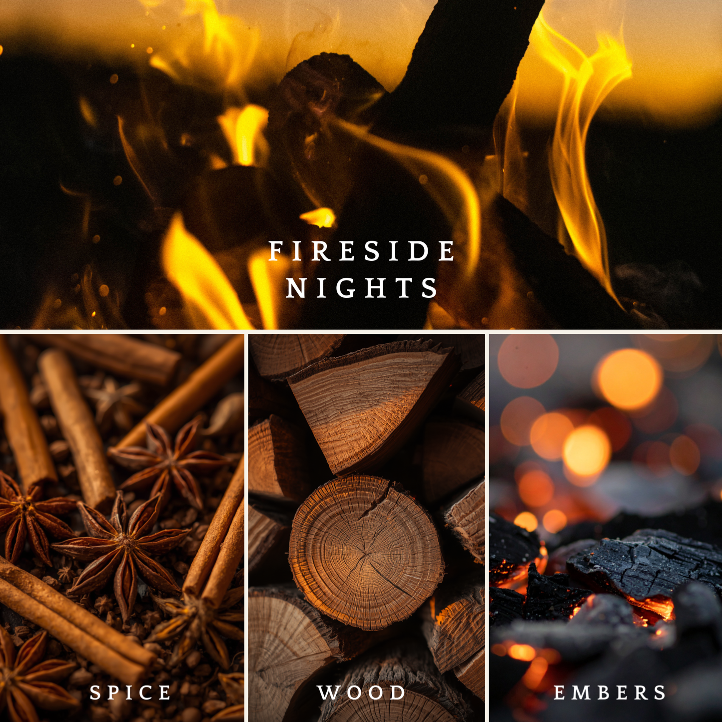 Fireside Nights candle scent notes featuring a crackling fire, spice, wood, and embers.