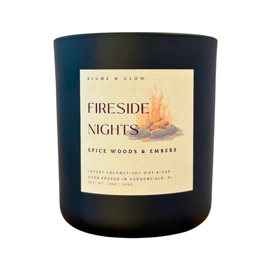 Blume & Glow Fireside Nights candle with wooden wick in black jar