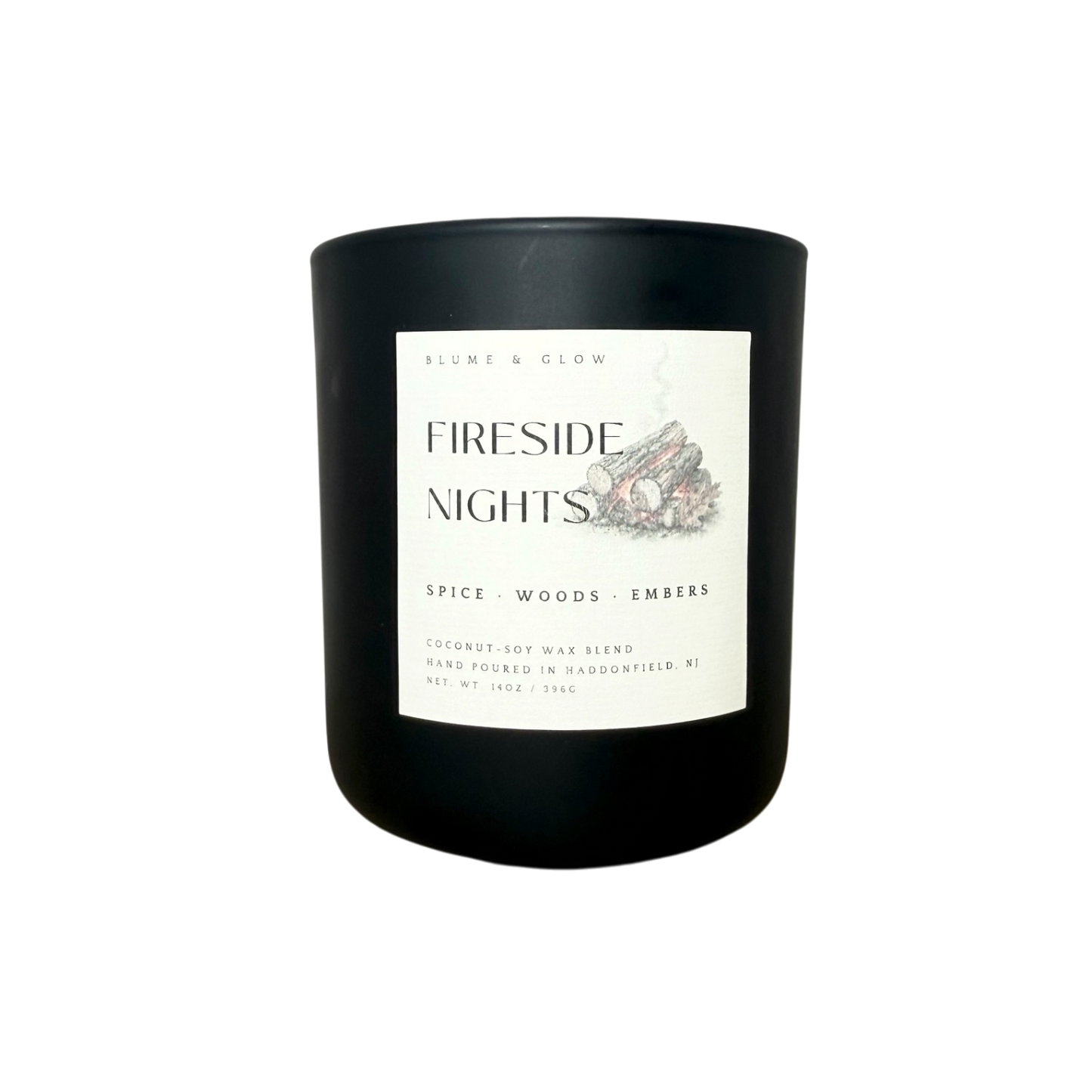 Fireside Nights smoky wood amber and spice candle by Blume & Glow with wooden wick in a black jar