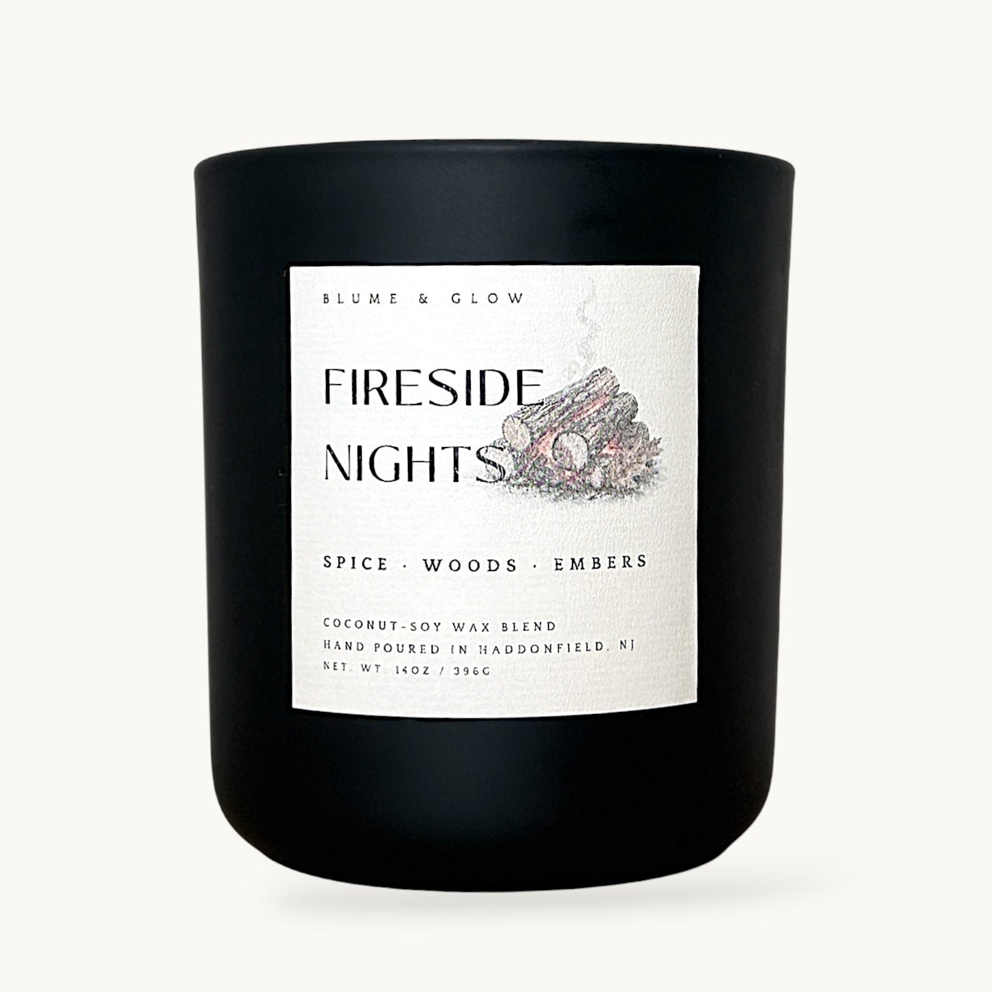 Fireside Nights smoky wood amber and spice candle by Blume & Glow with wooden wick in a black jar