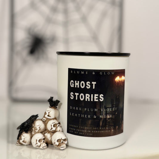 Blume & Glow Ghost Stories cotton wick library scent Halloween candle