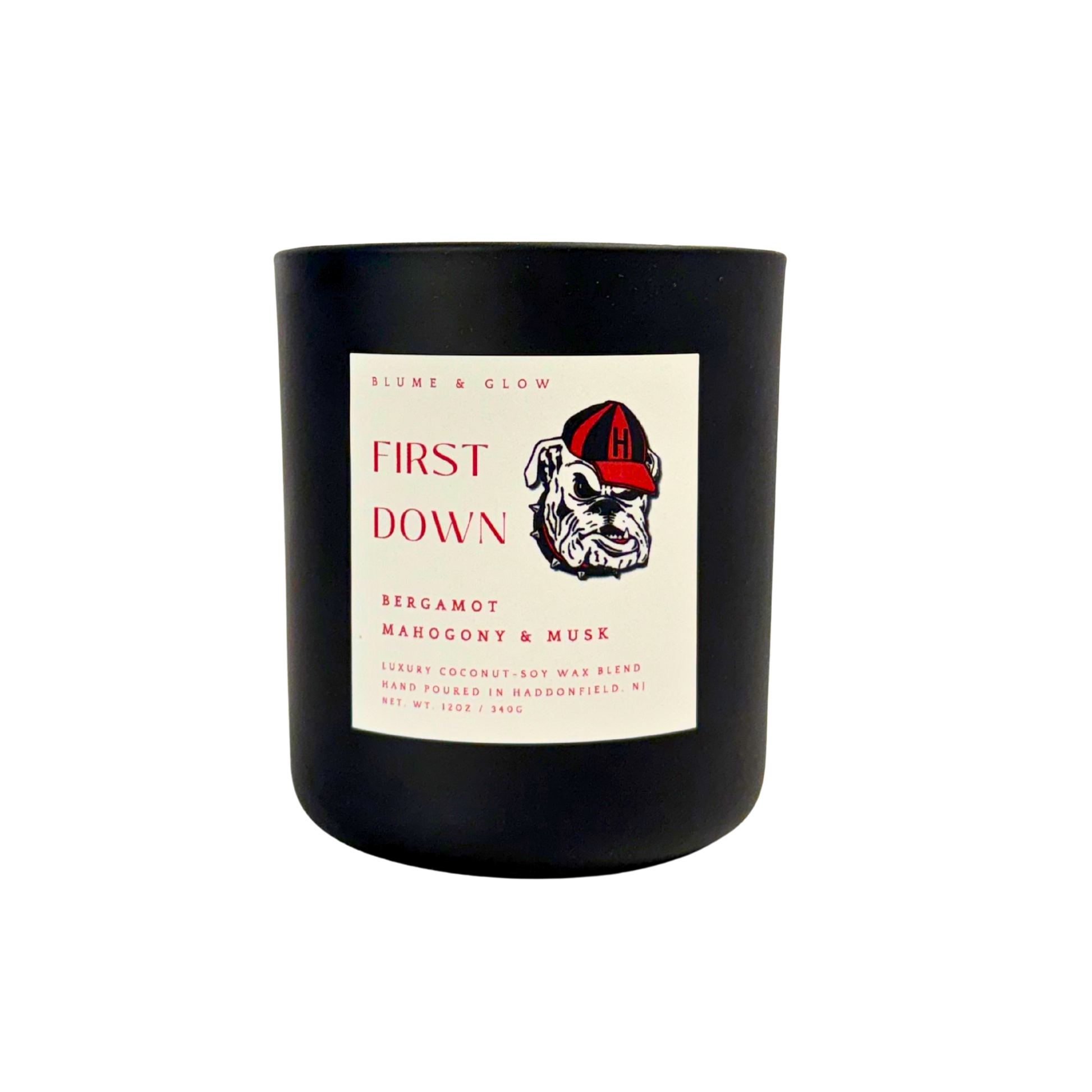 Blume & Glow Haddonfield Football candle with wooden wick in black jar