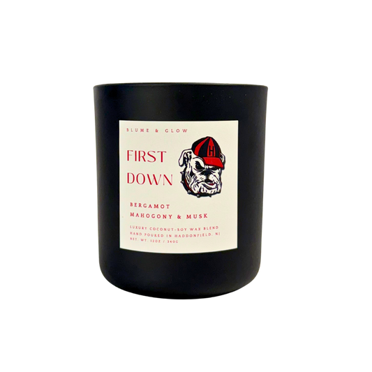 Blume & Glow Haddonfield Football candle with wooden wick in black jar