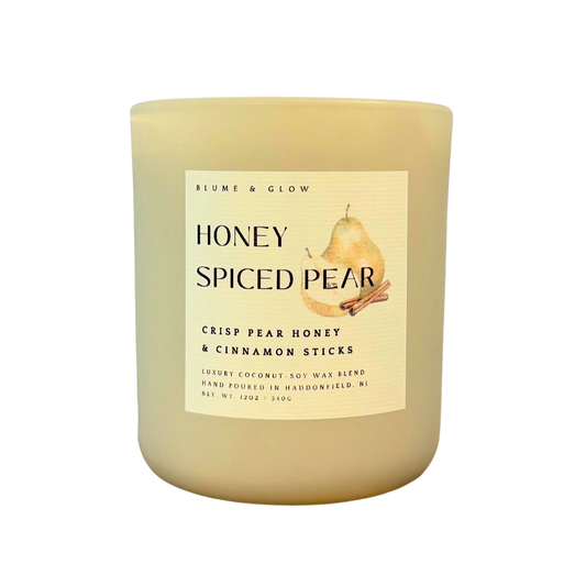 Blume & Glow Honey Spiced Pear candle with wooden wick in cream jar