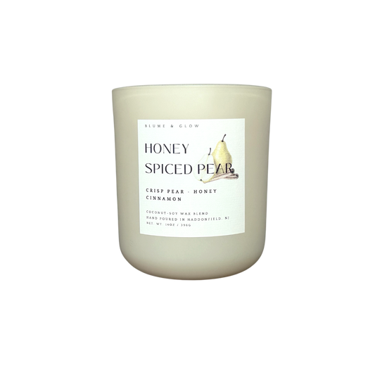 Honeywell Spiced Pear candle by Blume & Glow with sugar pear honey scent, wooden wick in a cream jar