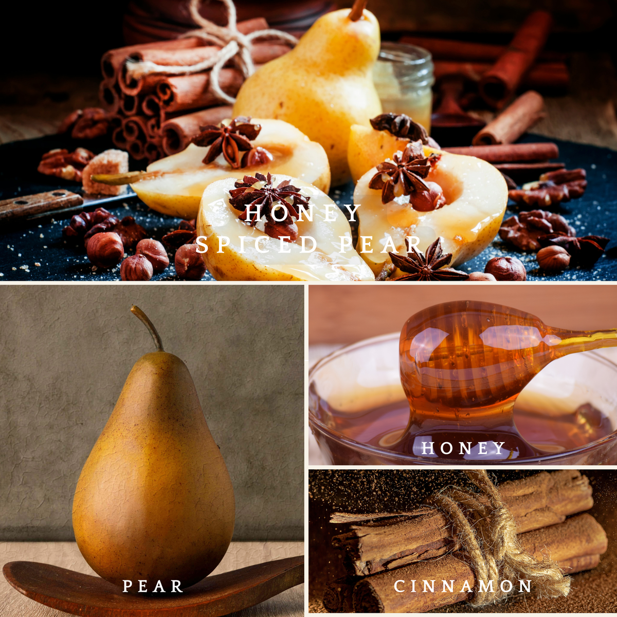 Honey Spiced Pear candle scent notes featuring spiced pears, pear, honey, and cinnamon.