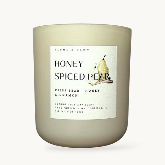 Honey Spiced Pear candle by Blume & Glow with sugar pear honey scent, wooden wick in a cream jar