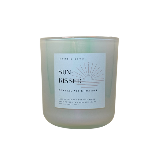 Sun Kissed fresh coastal floral and marine candle by Blume & Glow with wooden wick and luxury coconut-soy wax blend