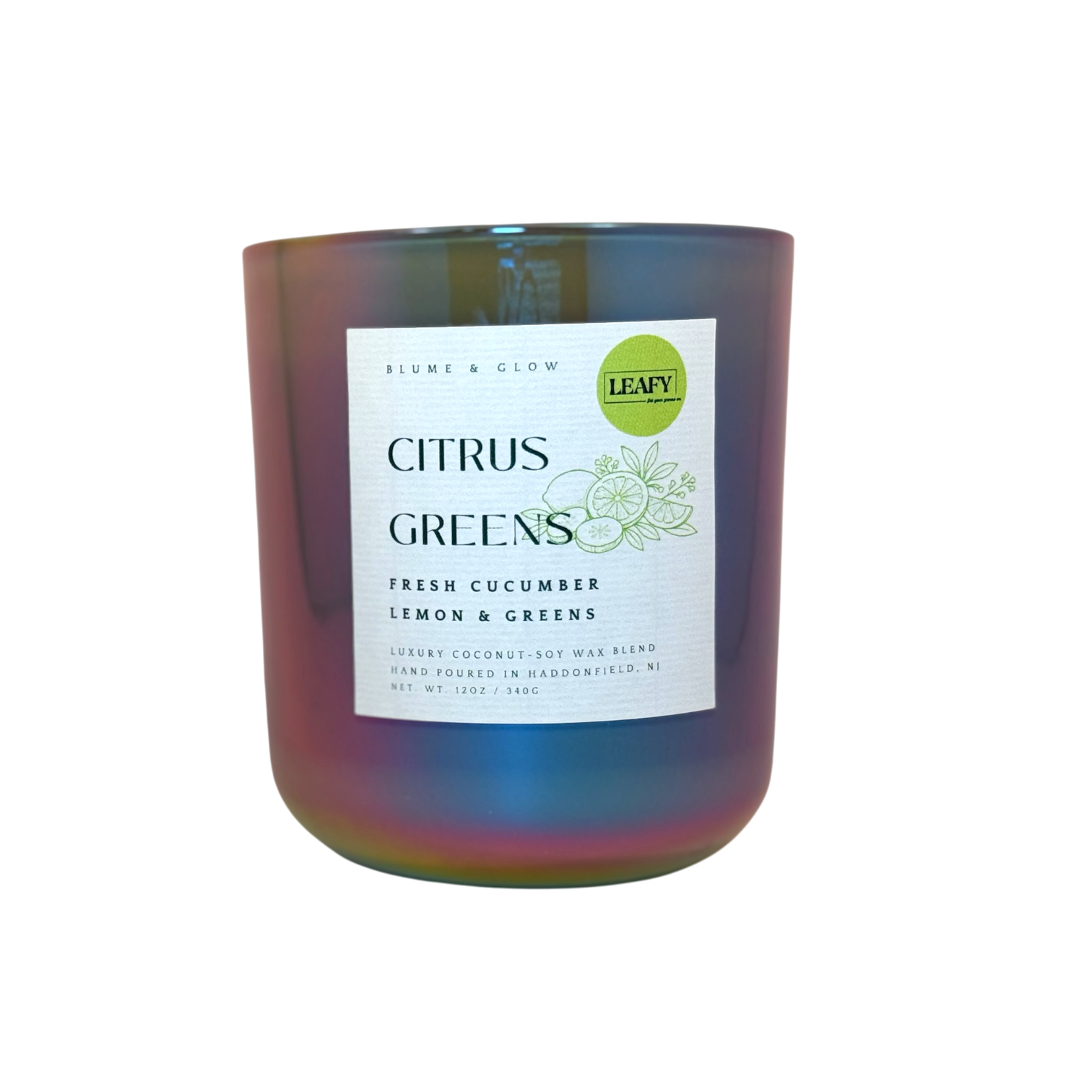 Citrus Greens candle by Blume & Glow with fresh lemon and cucumber scent, wooden wick, luxury coconut-soy wax blend