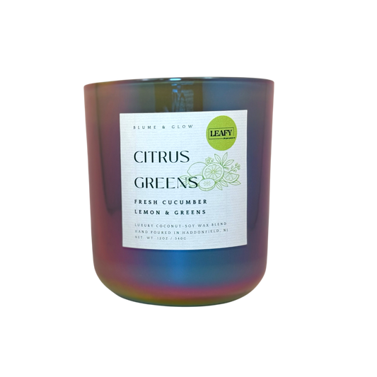 Citrus Greens candle by Blume & Glow with fresh lemon and cucumber scent, wooden wick, luxury coconut-soy wax blend