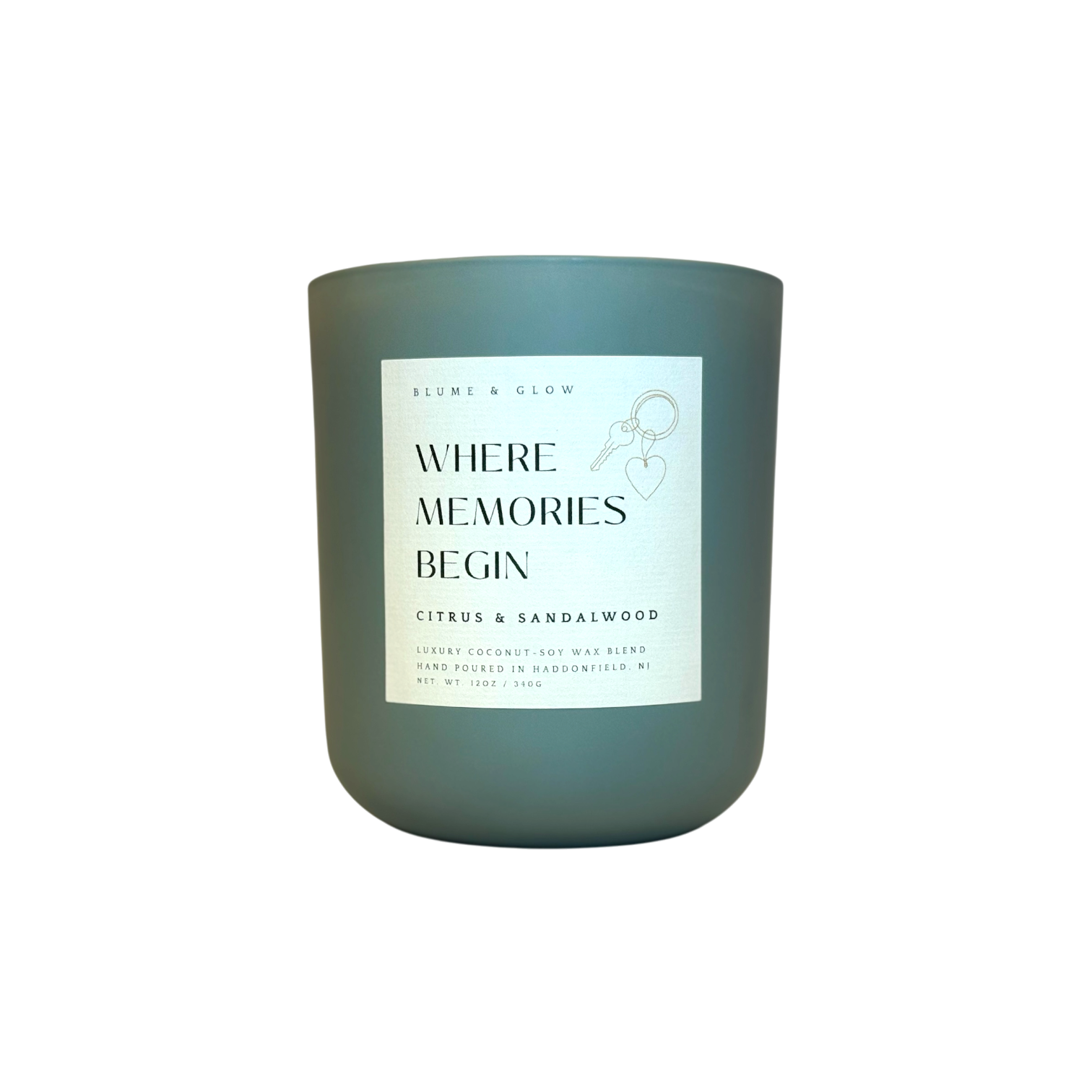 Where Memories Begin candle by Blume & Glow with citrus cedarwood and amber scent, wooden wick, luxury coconut-soy wax