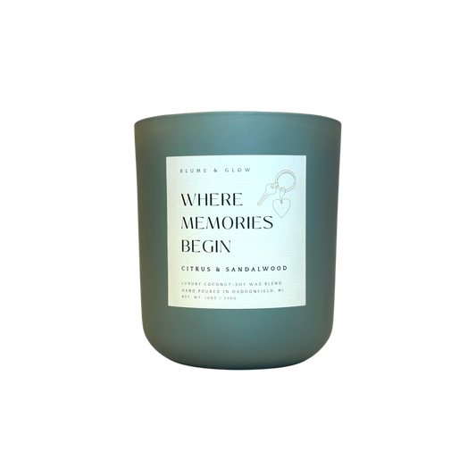 Where Memories Begin candle by Blume & Glow with citrus cedarwood and amber scent, wooden wick, luxury coconut-soy wax