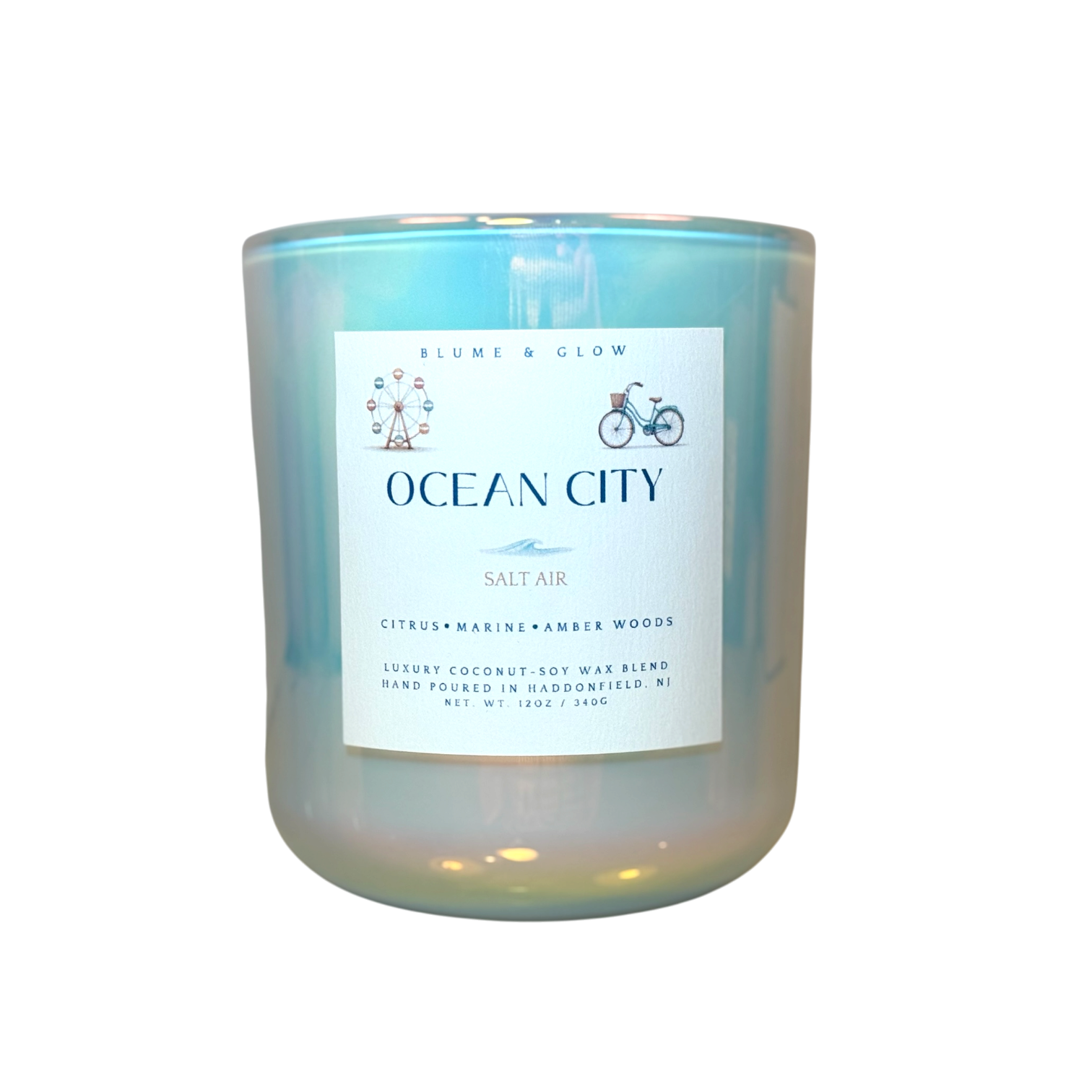Ocean City NJ inspired candle by Blume & Glow with fresh coastal citrus scent, wooden wick, and coconut-soy wax