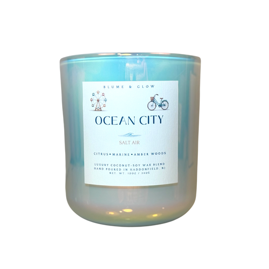 Ocean City NJ inspired candle by Blume & Glow with fresh coastal citrus scent, wooden wick, and coconut-soy wax