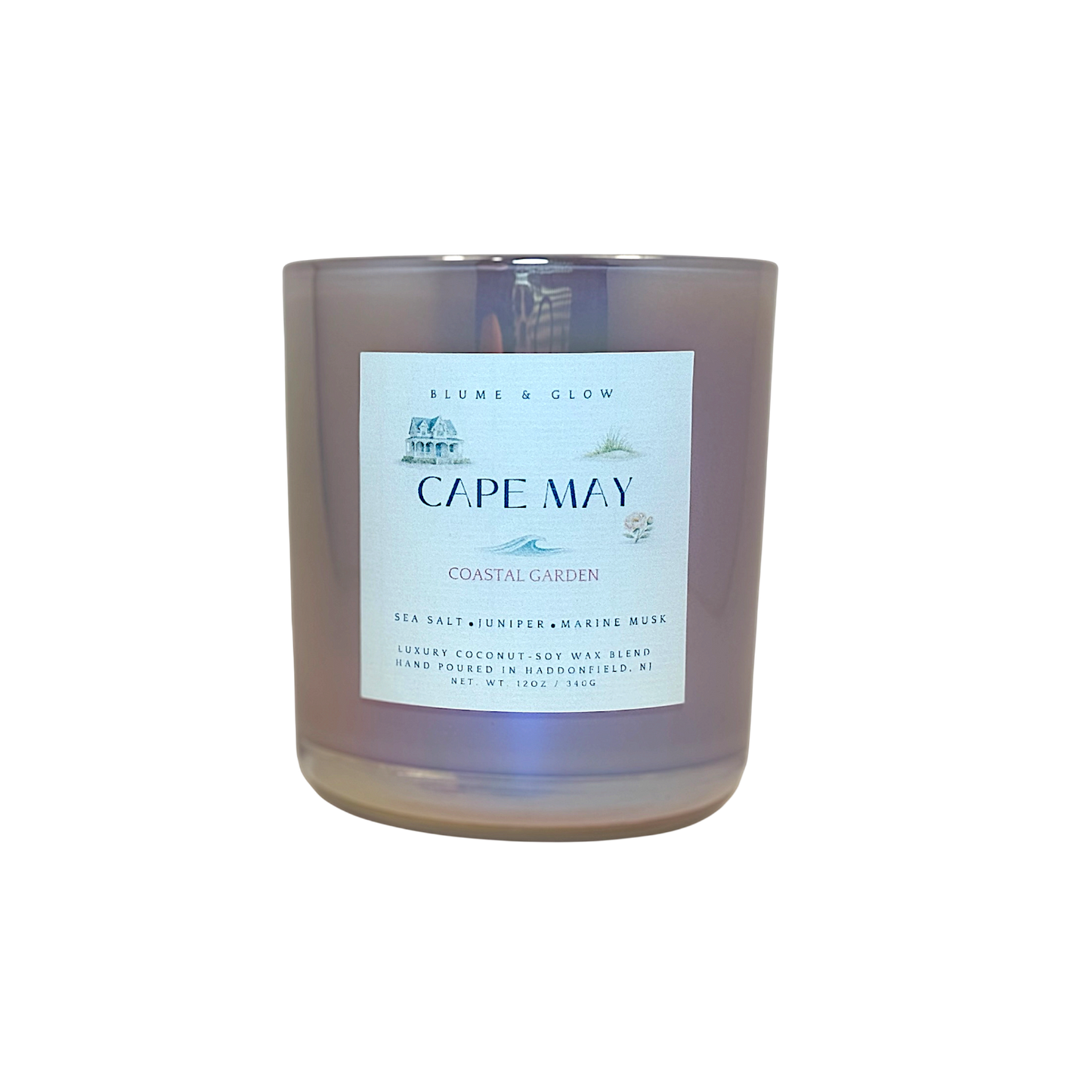 Cape May candle by Blume & Glow with fresh coastal floral and marine scent, wooden wick, luxury coconut-soy wax
