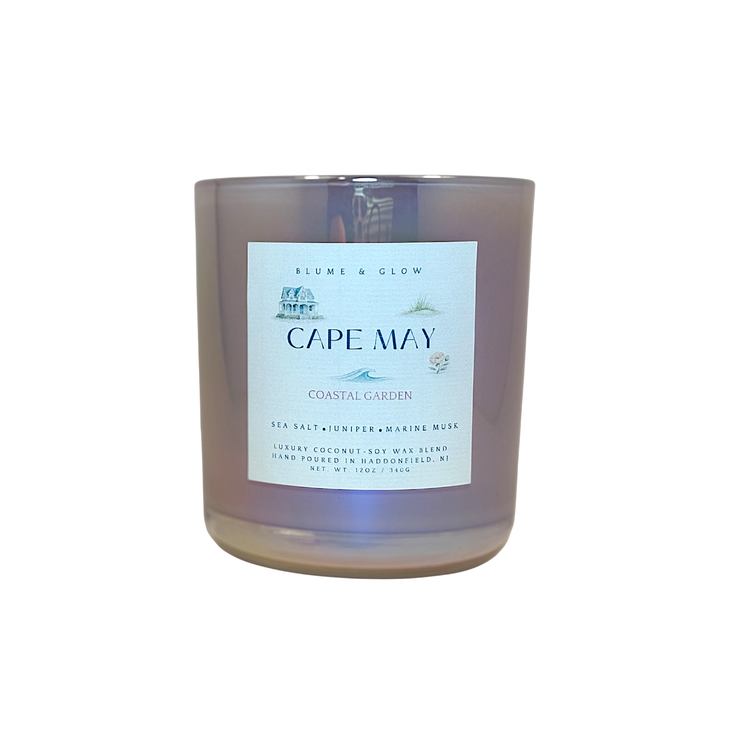 Cape May candle by Blume & Glow with fresh coastal floral and marine scent, wooden wick, luxury coconut-soy wax