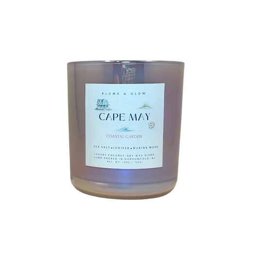Cape May candle by Blume & Glow with fresh coastal floral and marine scent, wooden wick, luxury coconut-soy wax