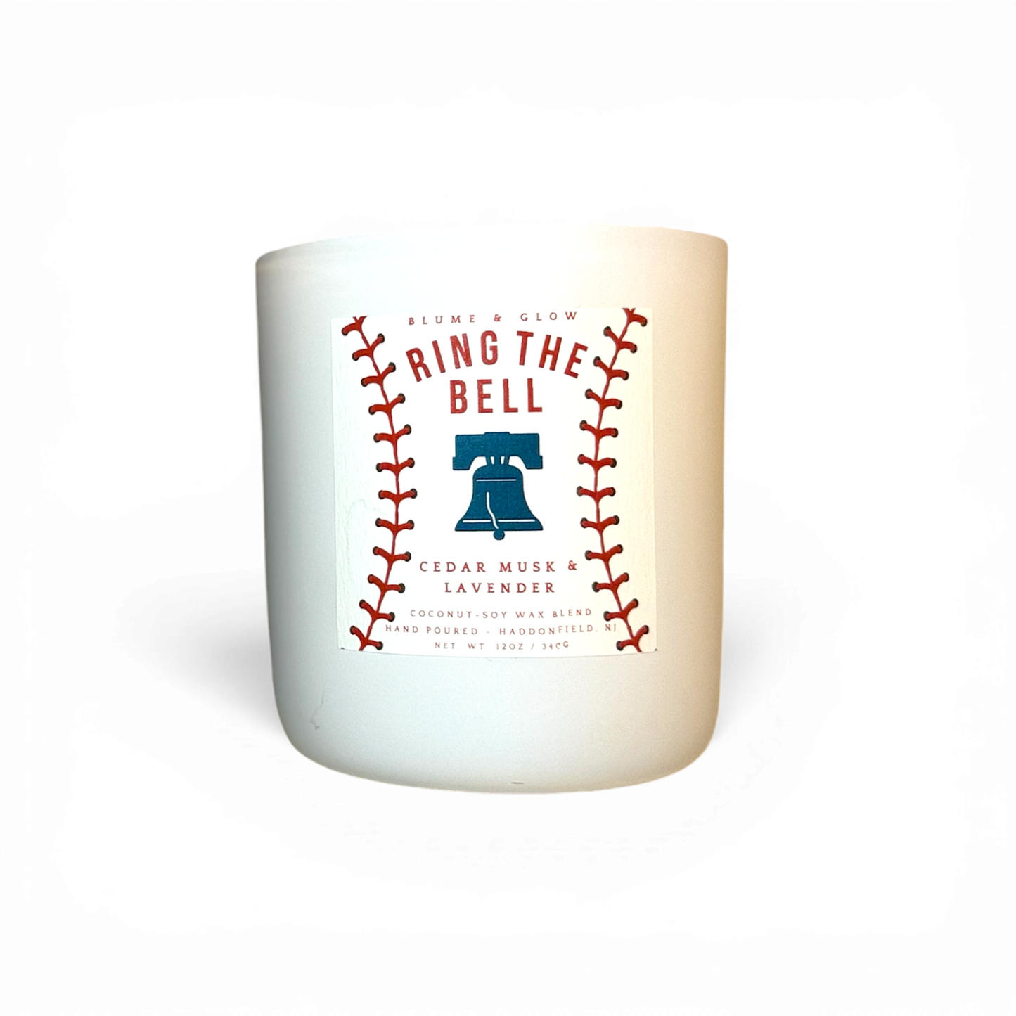 Ring the Bell Philadelphia baseball inspired candle by Blume & Glow with fresh earthy amber scent and wooden wick