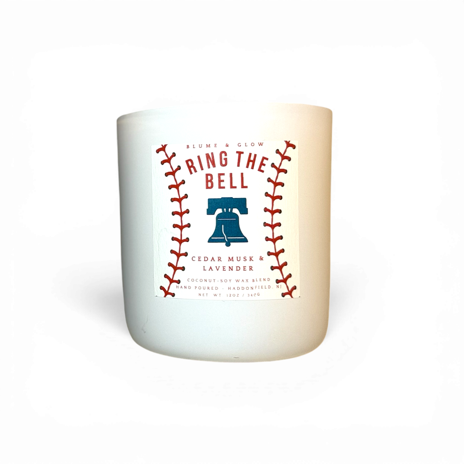 Ring the Bell Philadelphia baseball inspired candle by Blume & Glow with fresh earthy amber scent and wooden wick
