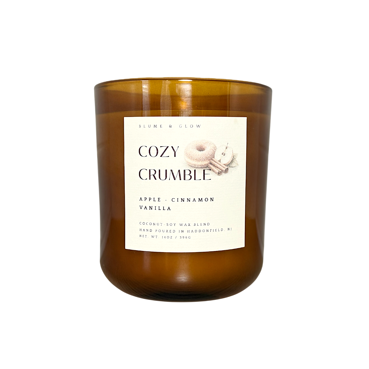 Cozy Crumble baked apple cinnamon and vanilla candle by Blume & Glow with wooden wick in a translucent amber jar