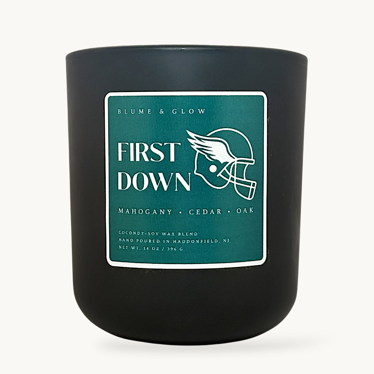 Philadelphia Eagles inspired candle by Blume & Glow with fresh wood and lavender scent and crackling wooden wick