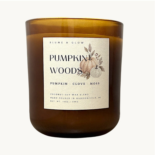 Pumpkin Woods luxury fall candle by Blume & Glow featuring elevated upscale Pumpkin fragrance and a wooden wick