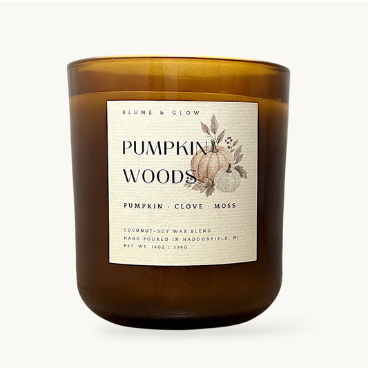 Pumpkin Woods luxury fall candle by Blume & Glow featuring elevated upscale Pumpkin fragrance and a wooden wick