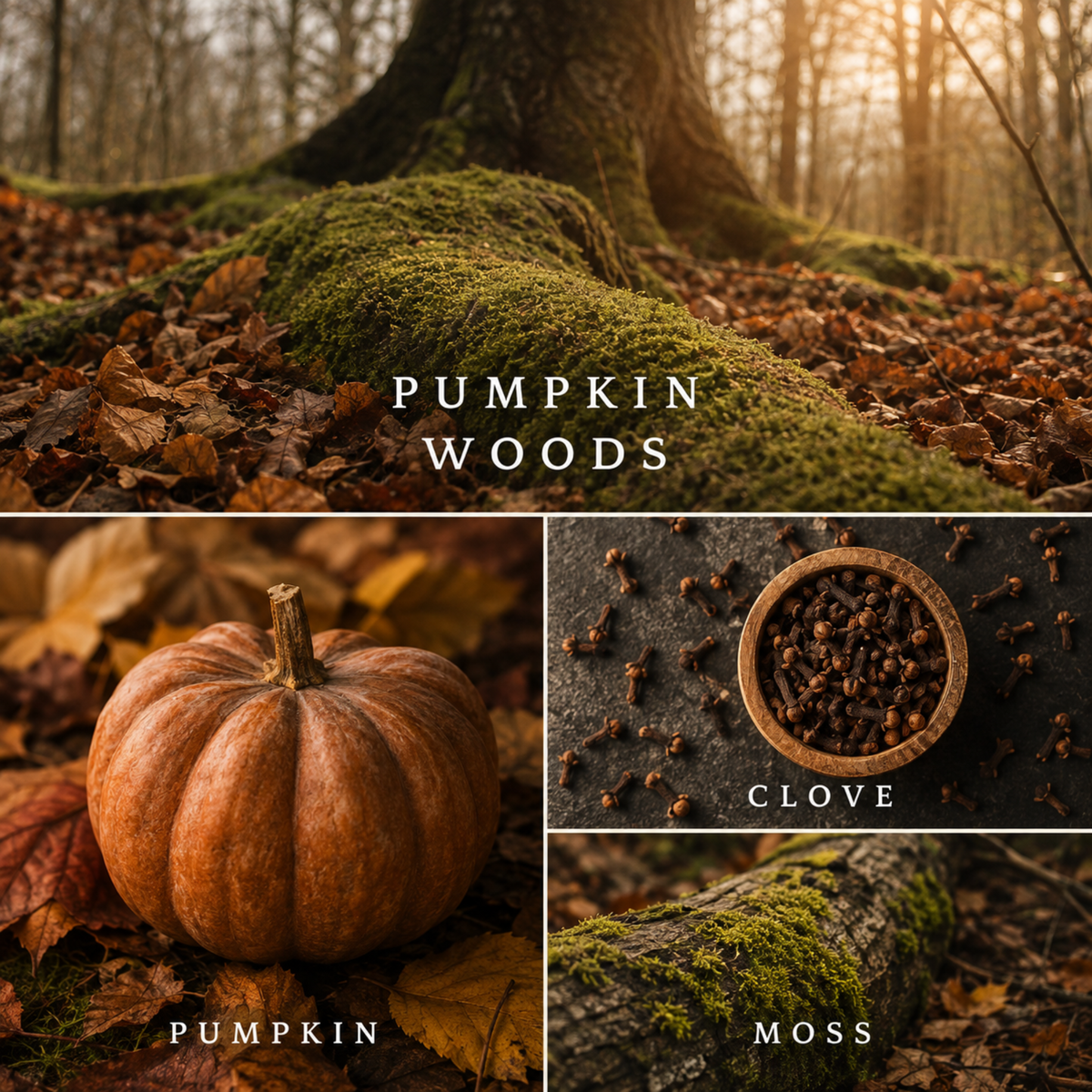 Pumpkin Woods candle scent notes featuring an autumn forest, pumpkin, clove, and moss.