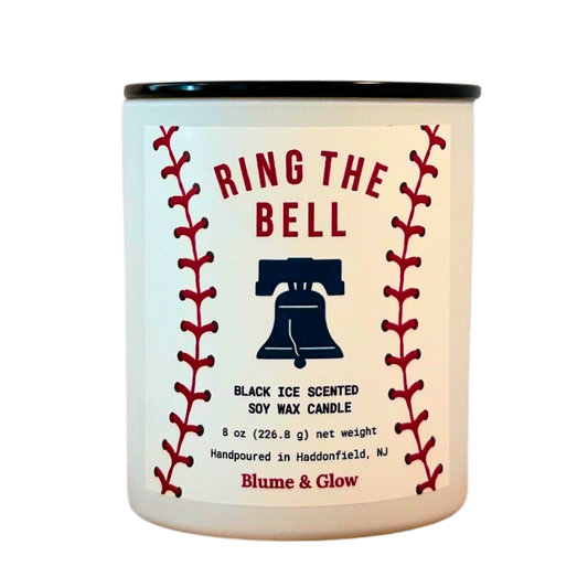 Blume & Glow Ring the Bell Phillies candle with cotton wick in white jar