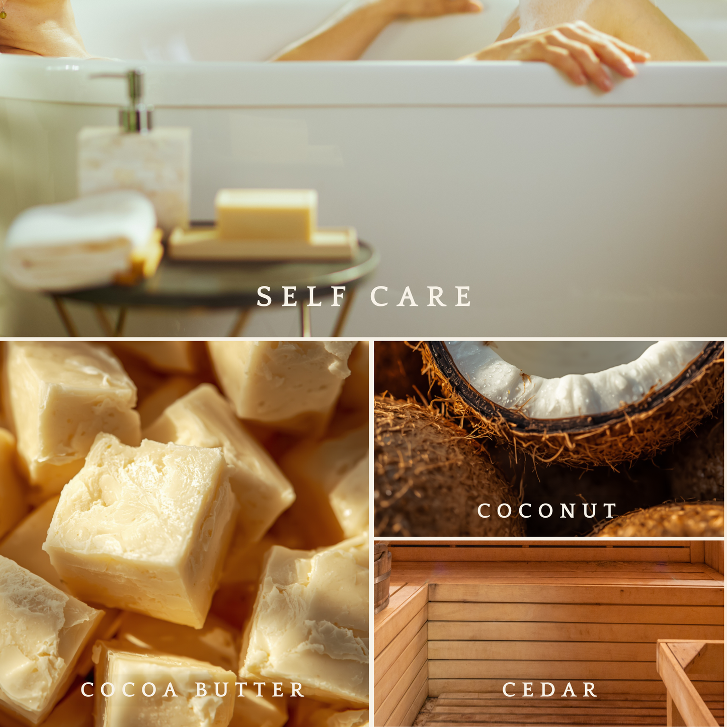 Self Care candle scent notes cocoa butter coconut and cedar