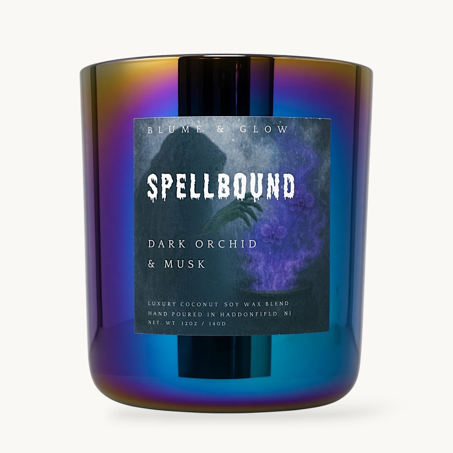 Spellbound Halloween woooden wick candle with dark orchid and musk scent