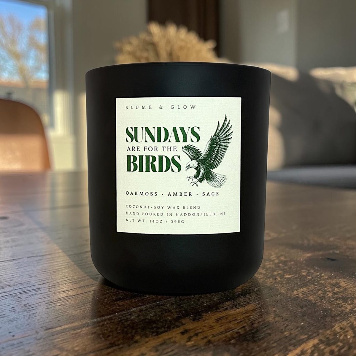 Sundays Are for the Birds Eagles game day candle by Blume & Glow with wooden wick showing game day spirit